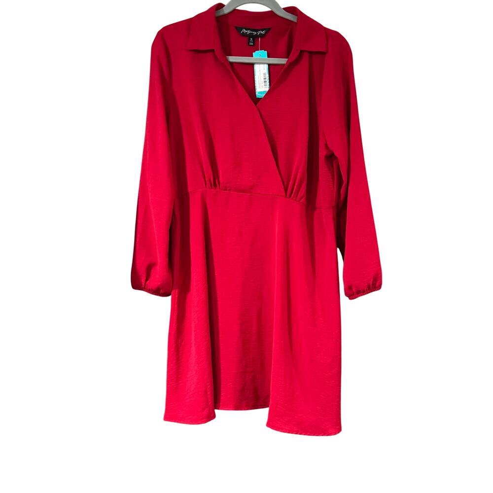 Montgomery Post Women’s XL Petite Red Faux Wrap Shirt Dress EUC